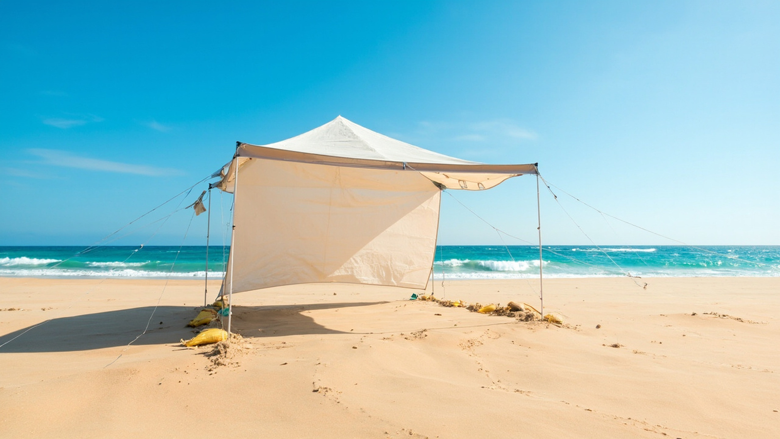 Pop-up beach tent anchored with sandbags and guy lines on a windy sandy beach