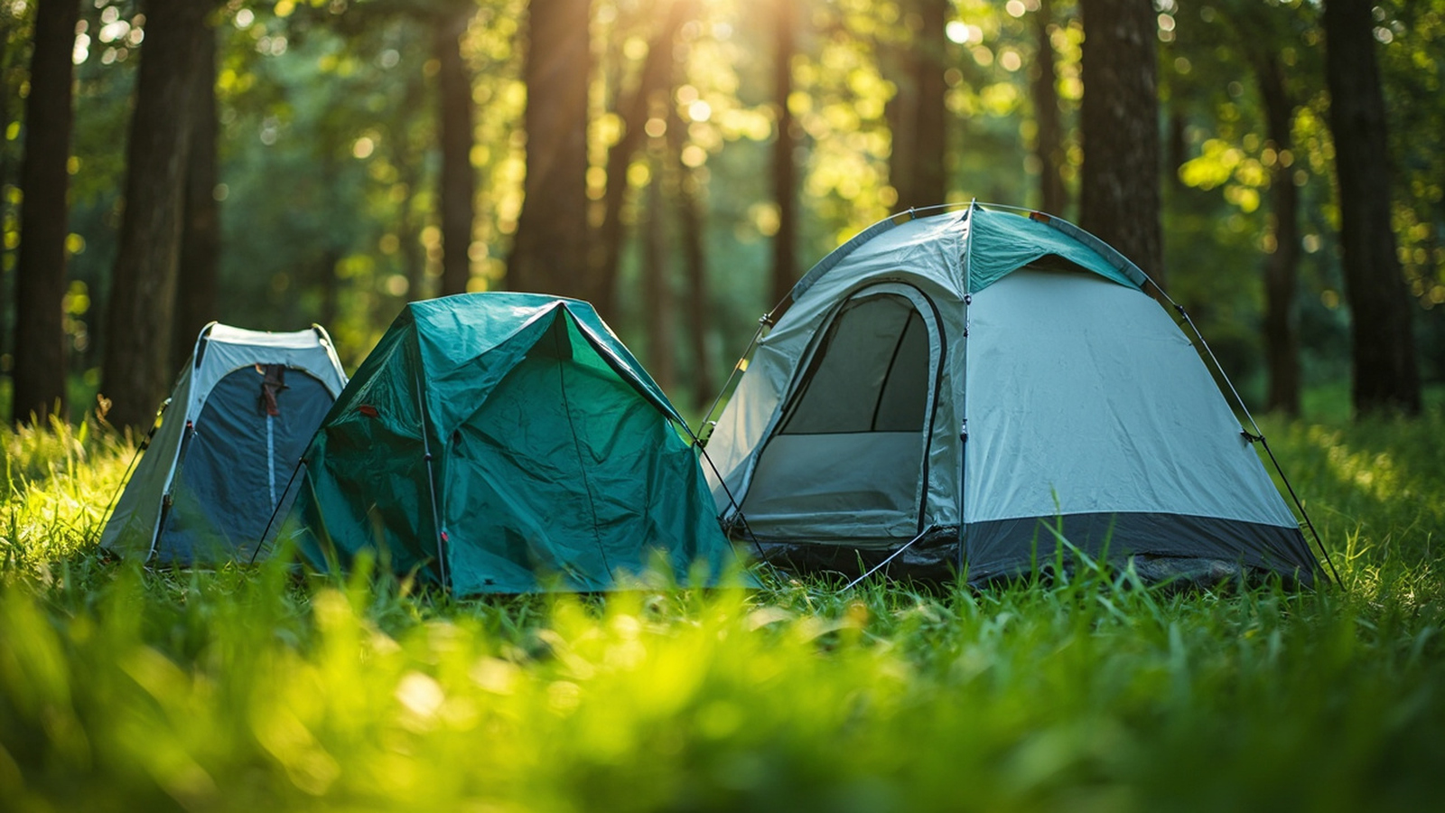 Three dome tents of increasing size pitched side by side on a campsite