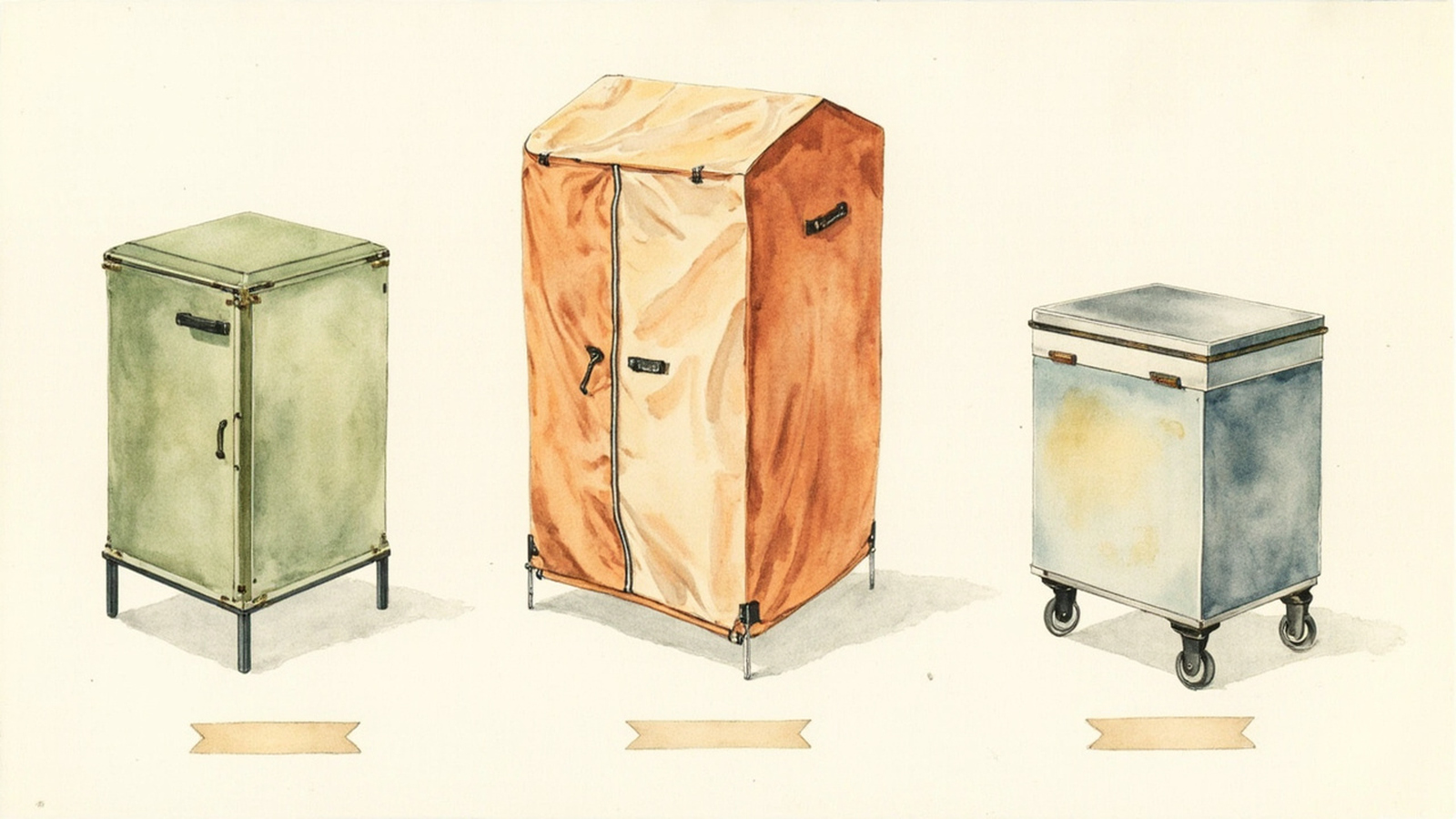 Cabinet storage comparison showing tall fixed-frame, zippered fabric, and rolling stainless cart camp kitchen styles