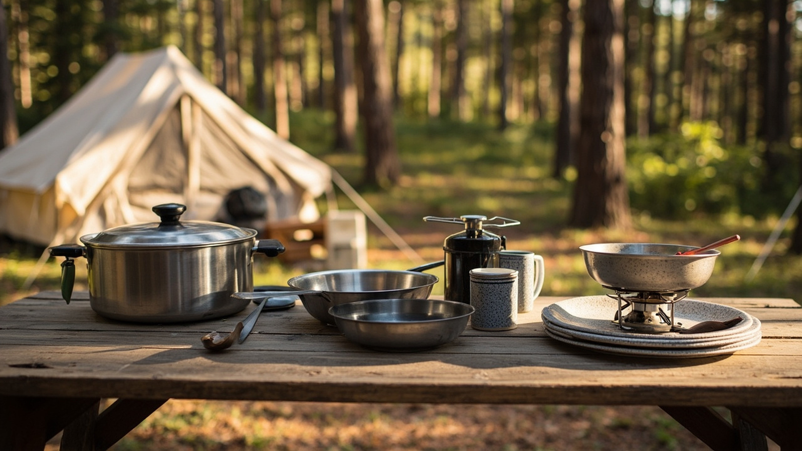 Camp cookware set with pot, frying pan, bowls and folding stove lined up on a wooden camp table