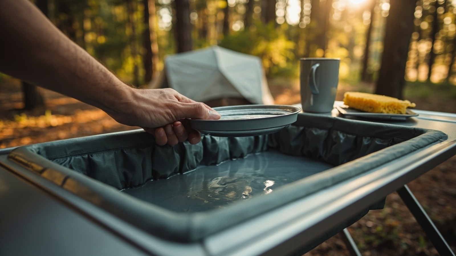 Soft-shell camp kitchen sink on a folding aluminum table as a hand rinses a metal plate at a pine campsite