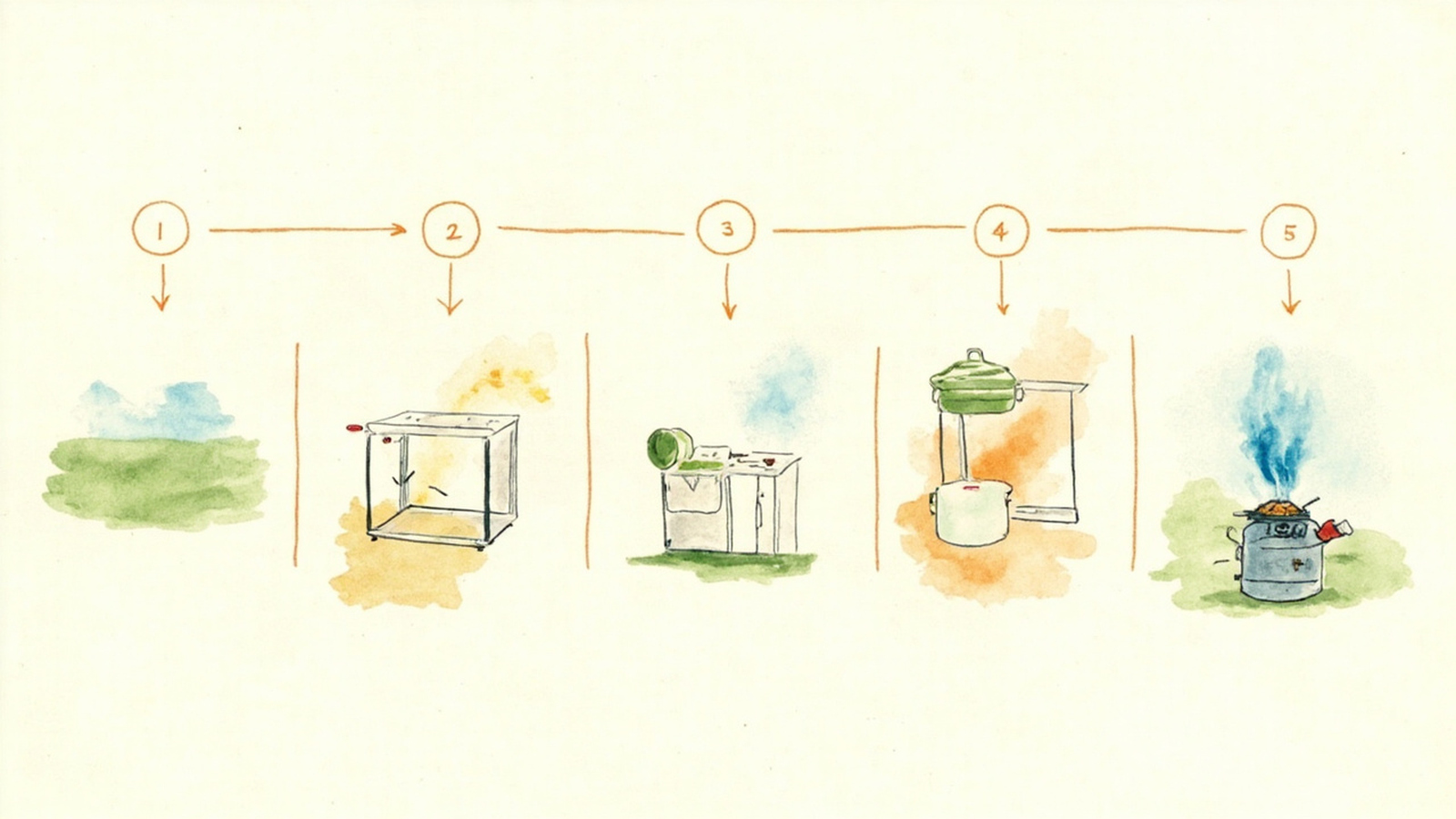 Five-step camp kitchen setup workflow from spot selection to stove safety check