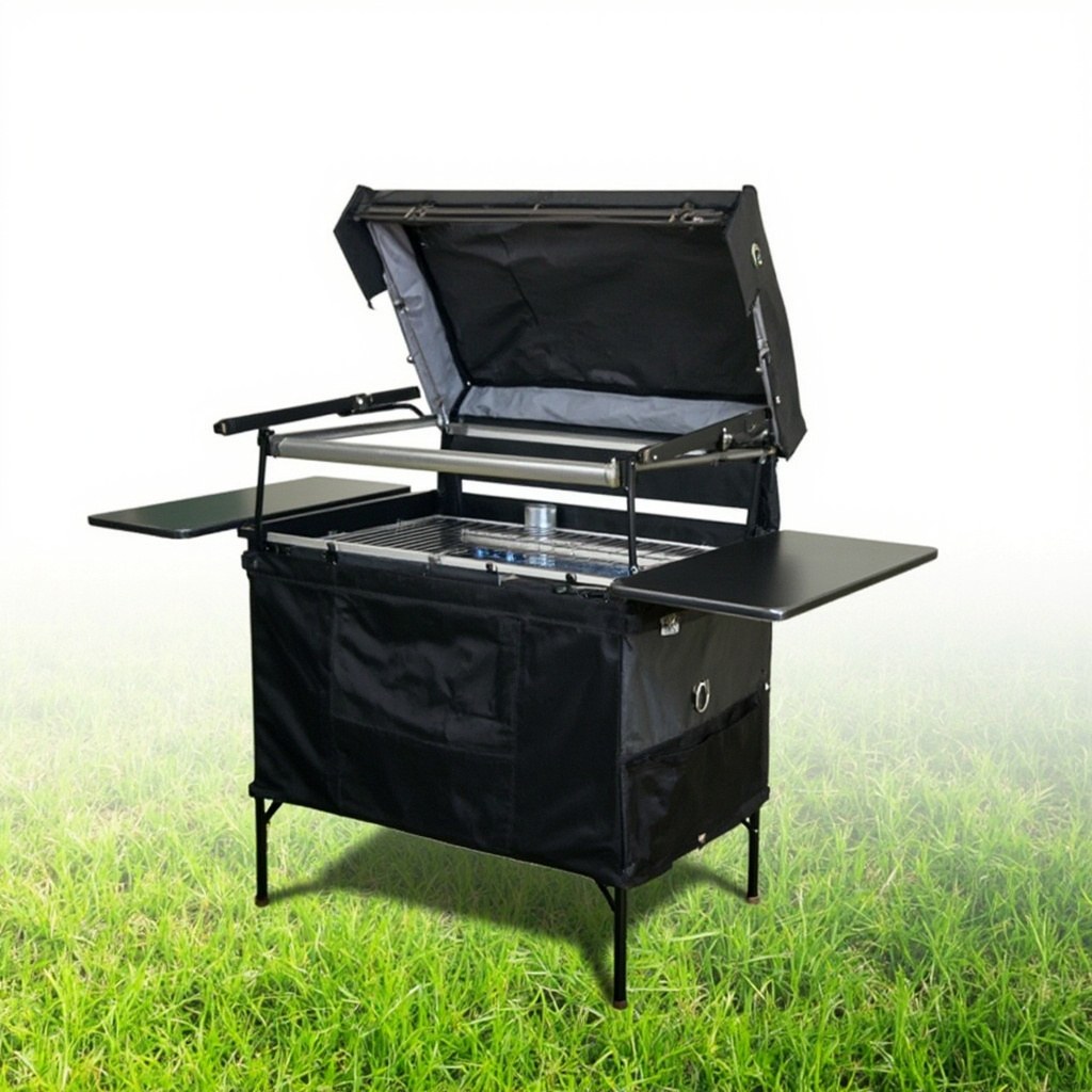 CampLand Folding Camping Kitchen with Storage Cabinet, 44-inch tall folding cook station with built-in windscreen and enclosed cabinet at the back