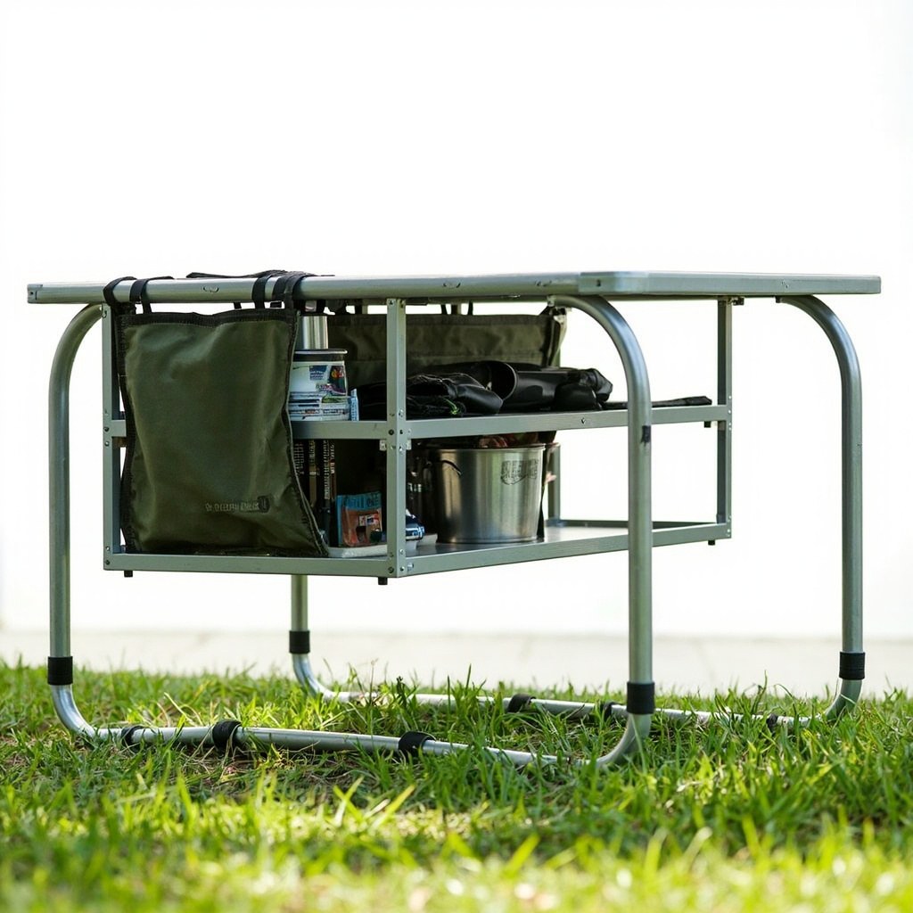 EAGLE PEAK Outdoor Folding Camping Table with 3-Tier Storage Organizer, aluminum frame table with hanging fabric organizer on the back rail