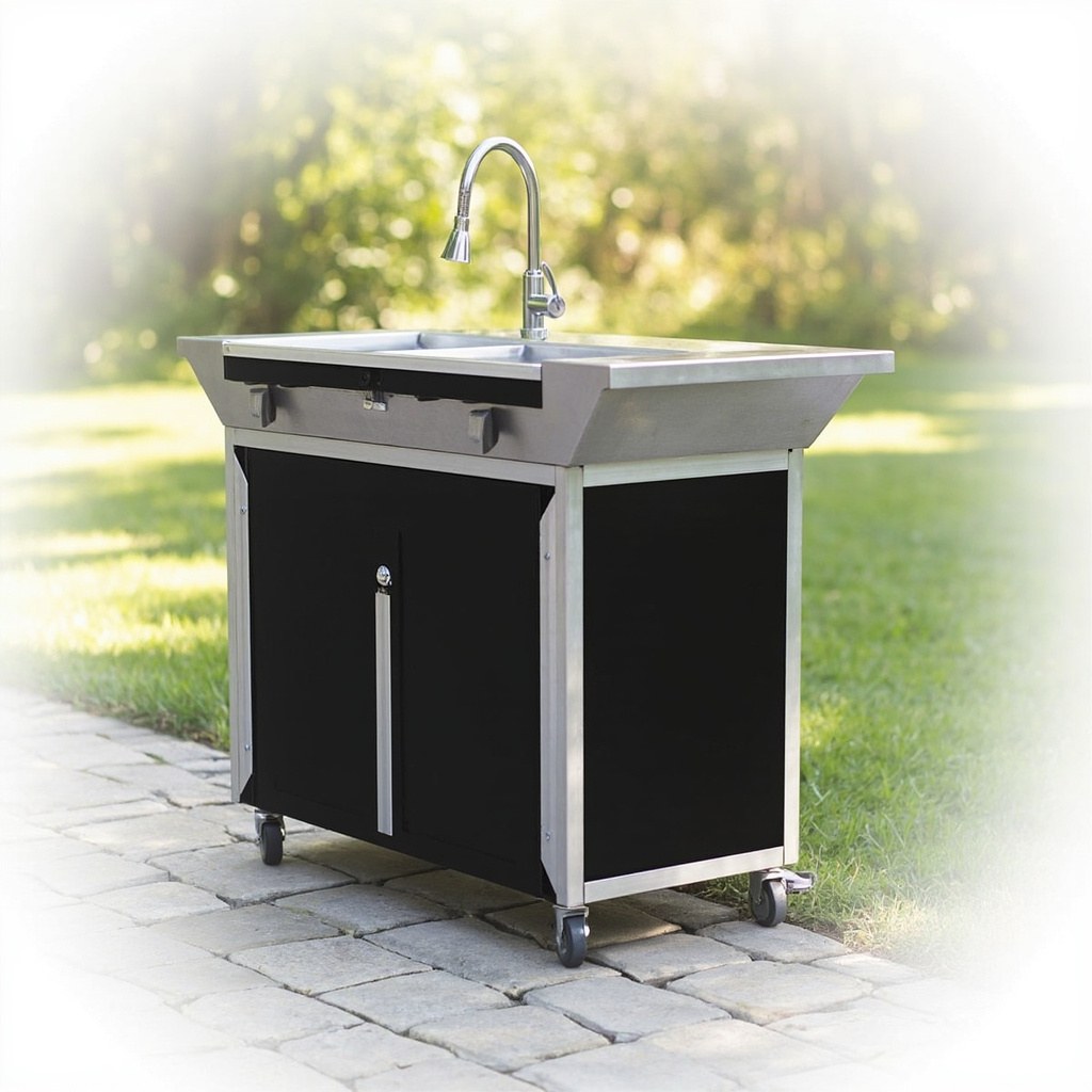 Feasto Outdoor Kitchen Island with Sink and Storage Cabinet, 35-inch rolling prep station with stainless steel sink basin, faucet, lockable wheels