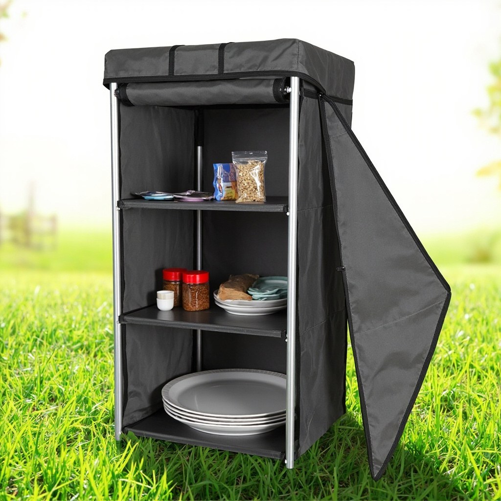 Giantex Folding Camping Storage Cabinet on a campsite, 47-inch tall pop-up fabric cabinet with 3 shelves holding dry food and camping supplies