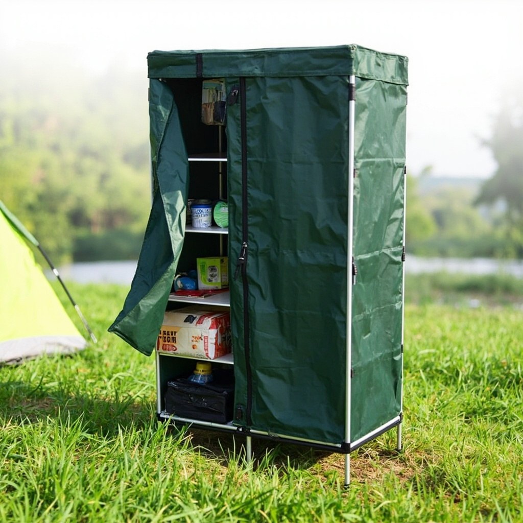 Goplus Folding Camping Storage Cabinet on a campsite, 47-inch tall pop-up fabric cabinet with 3 shelves, dark green fabric on aluminum frame
