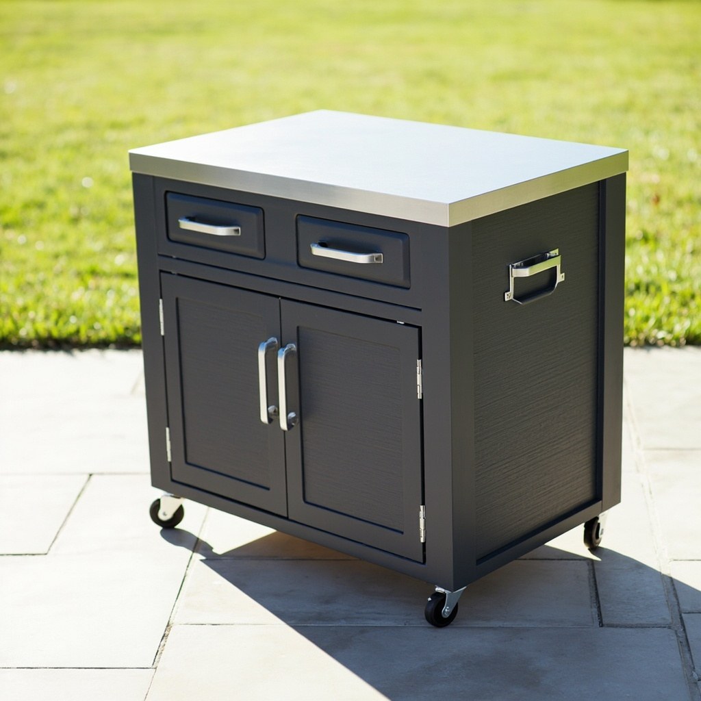 Keter Unity XL Portable Outdoor Table with Stainless Steel Top, rolling cabinet with stainless top, lockable wheels, hinged cabinet door and two drawers