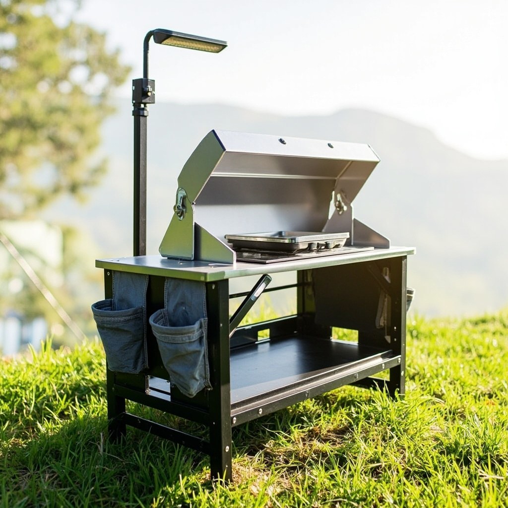Nice C Camping Kitchen Station, folding cook station with windshield, LED light pole, side organizers and lower storage shelf