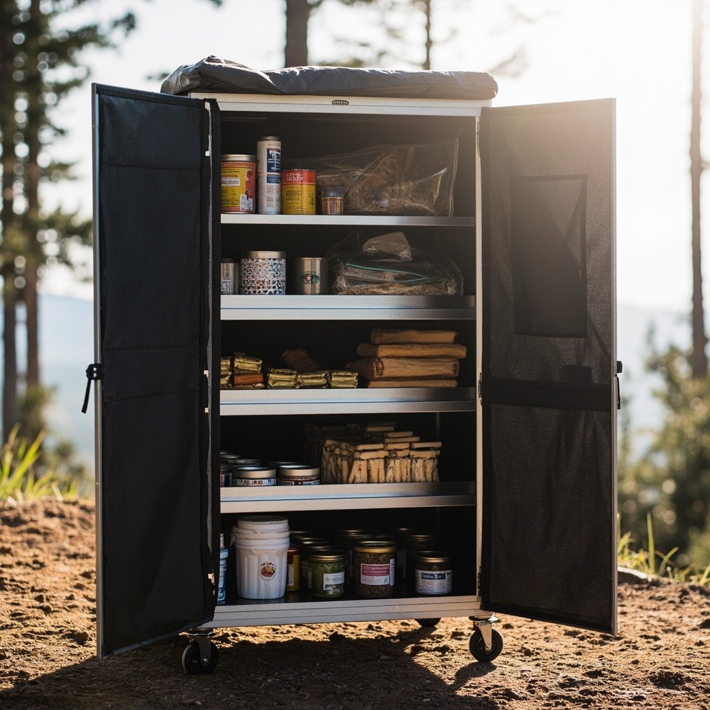 VEVOR Camping Storage Cabinet, aluminum frame with 6 horizontal shelves holding camping supplies on a campsite