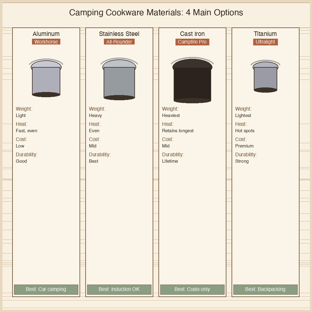 Camping cookware material comparison: Aluminum is the workhorse, stainless steel is the all-rounder, cast iron is the campfire pro, titanium is the ultralight premium