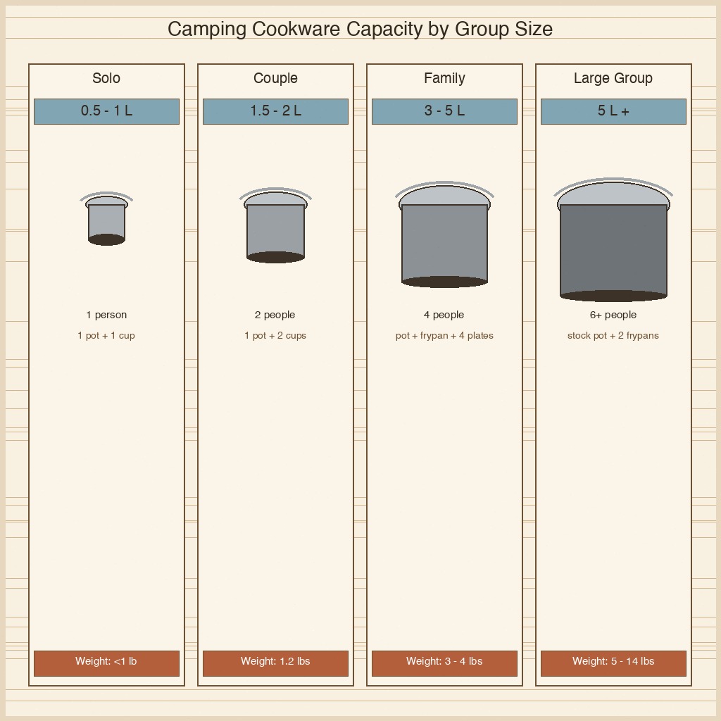 Camping cookware capacity by group: Solo 0.5-1L, Couple 1.5-2L, Family 3-5L, Large Group 5L plus