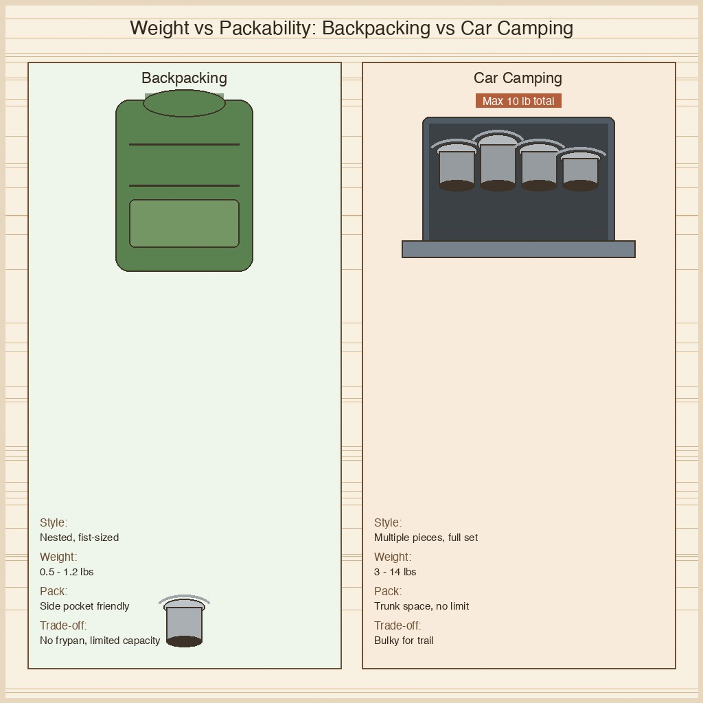 Camping cookware weight and packability: backpacking sets nest under 2 lbs in a backpack side pocket, car camping sets can run 5 to 10 lbs across multiple pieces in a trunk