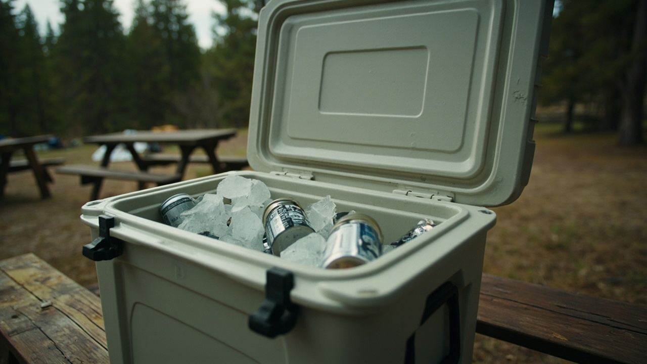 Open hard cooler packed with ice and beverage cans on a wooden picnic table at a forest campground