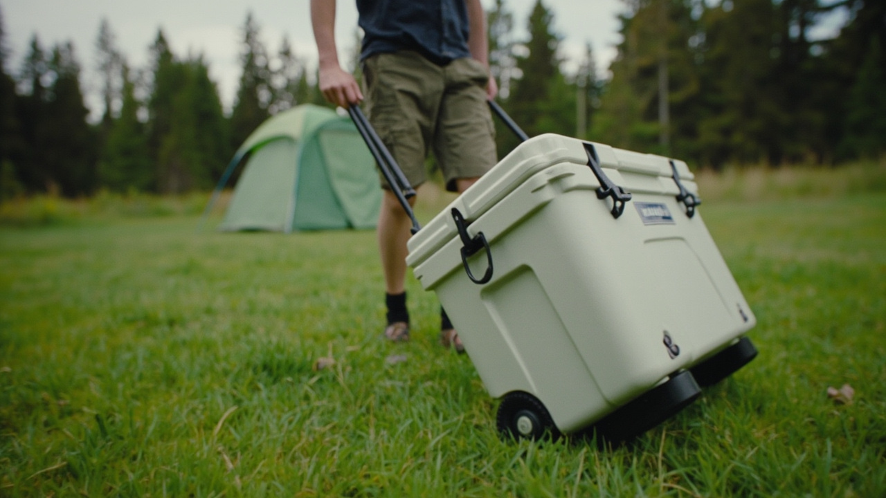 Pulling a wheeled cooler across a grassy campground toward a dome tent