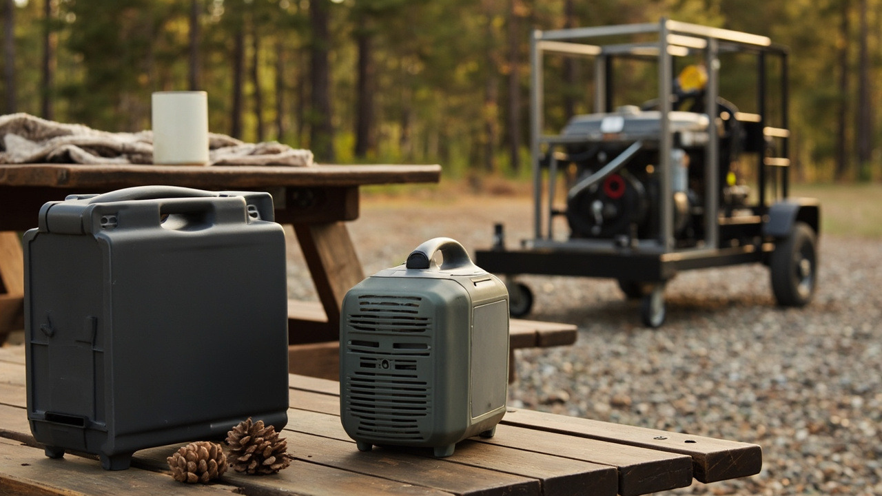 Picnic table with a sealed power station, compact inverter, and a distant open-frame generator at a pine campsite
