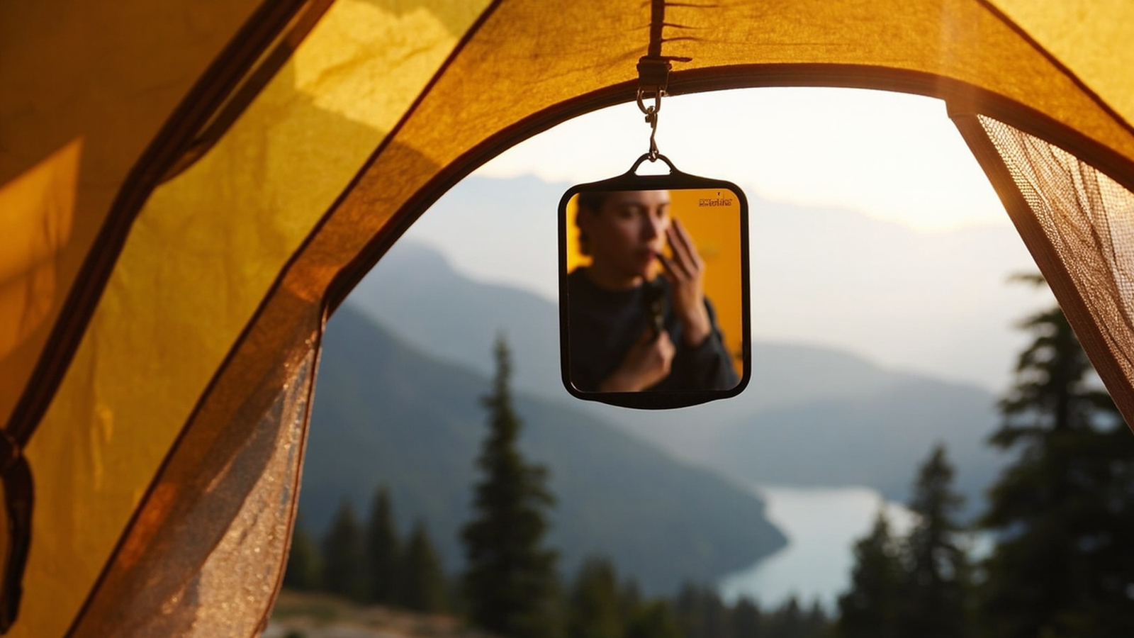 Shatterproof acrylic mirror with integrated metal hook hanging from a tent loop inside a backpacking tent at dawn