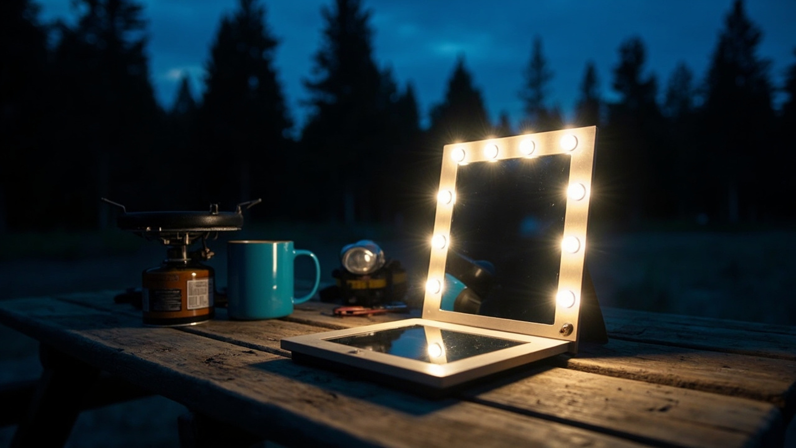 9 oz LED makeup mirror with 72 LEDs illuminated at dusk on a state-park picnic table for low-light car-camping grooming