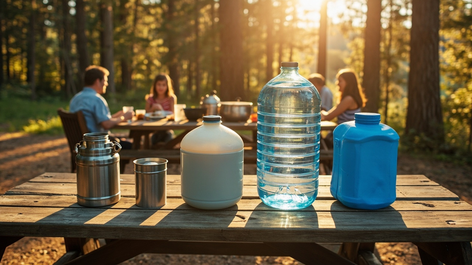 Camping water containers from one to seven gallons on a picnic table where a family eats at a forest campsite