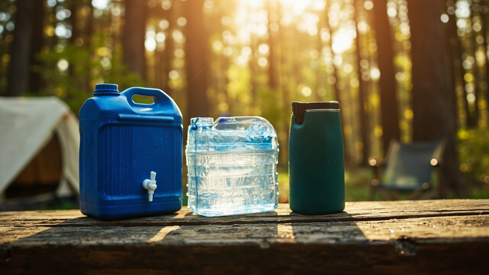 Rigid blue water jug, collapsible water cube and insulated steel jug side by side at a forest campsite