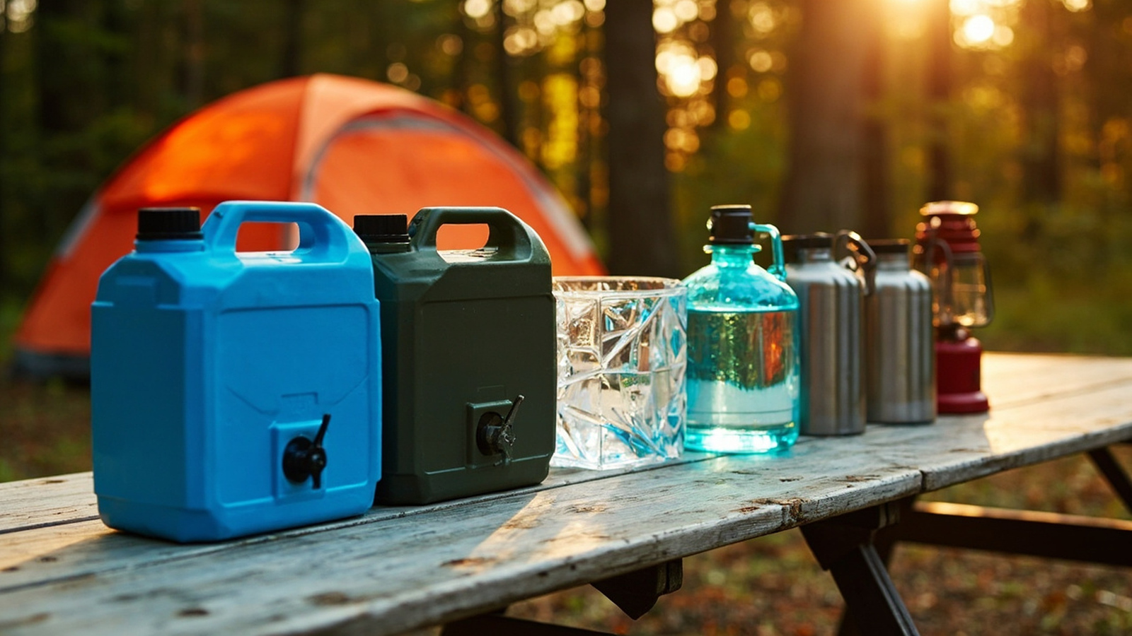 Six camping water jugs lined up on a wooden camp table, from blue rigid containers to insulated stainless steel jugs