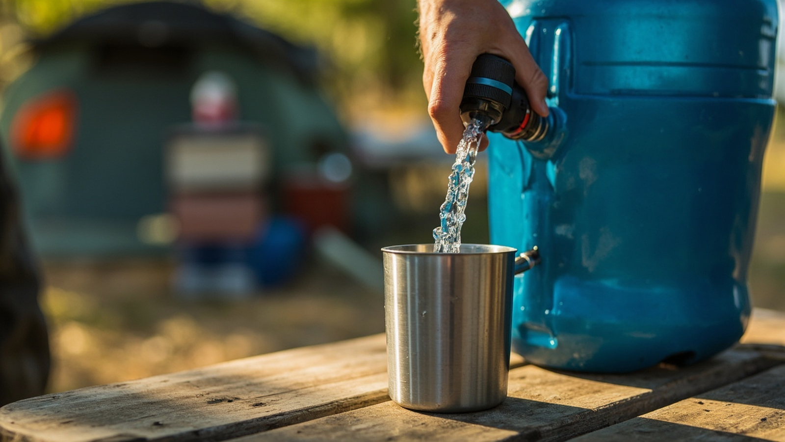 Hand pressing the spigot of a blue camping water jug to fill a steel cup with a steady stream of water