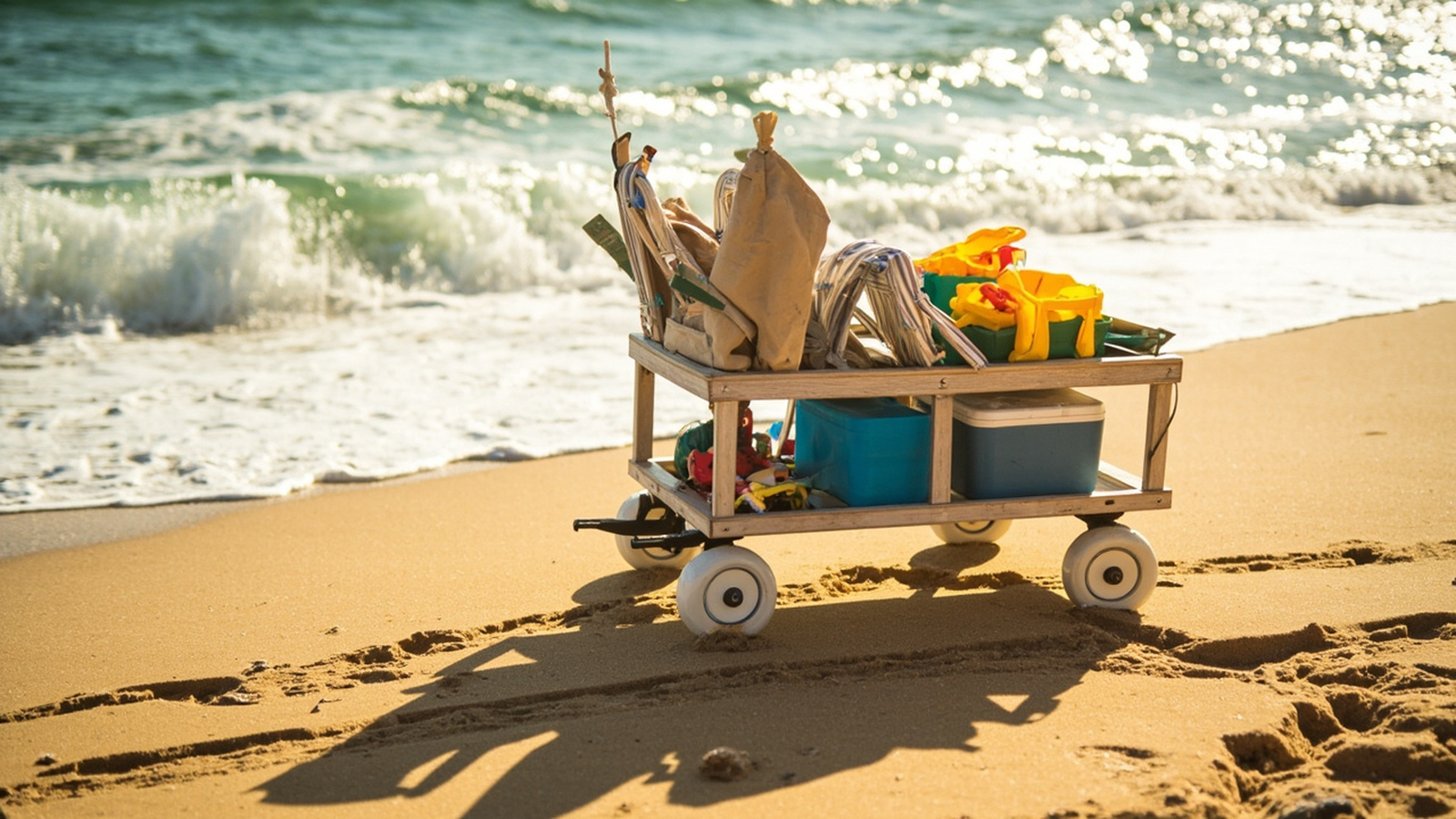 Two-tier beach wagon with wide rounded wheels crossing dry sand, coolers and chairs loaded on both decks