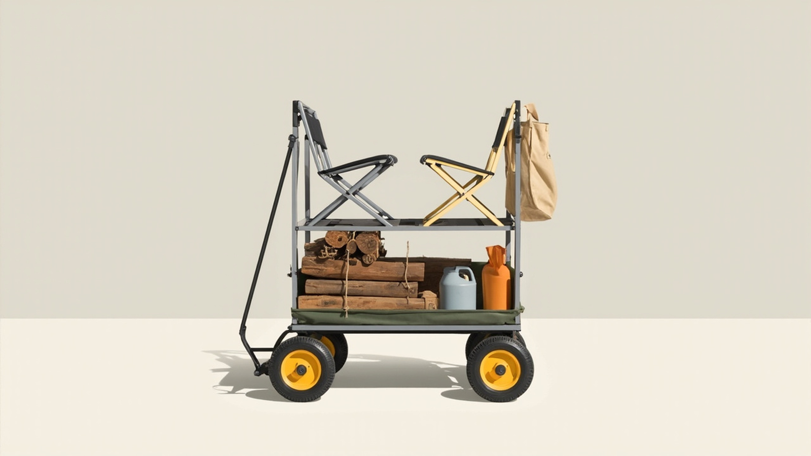 Side view of a loaded two-tier wagon with chairs and a tote on the upper bed and firewood and water jugs on the lower shelf