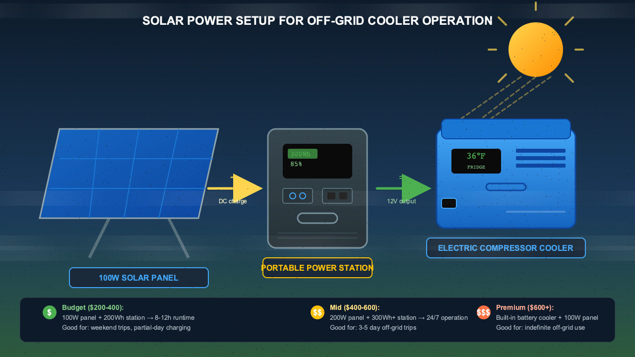 Diagram showing solar panel connected to a portable power station running an electric camping cooler with sun exposure and charging flow arrows