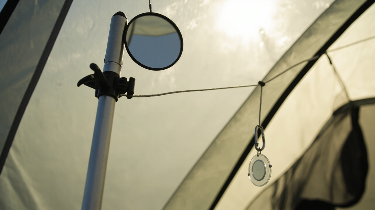 Tent mirrors hung on a pole clamp and a guy line with carabiner in a sunlit tent
