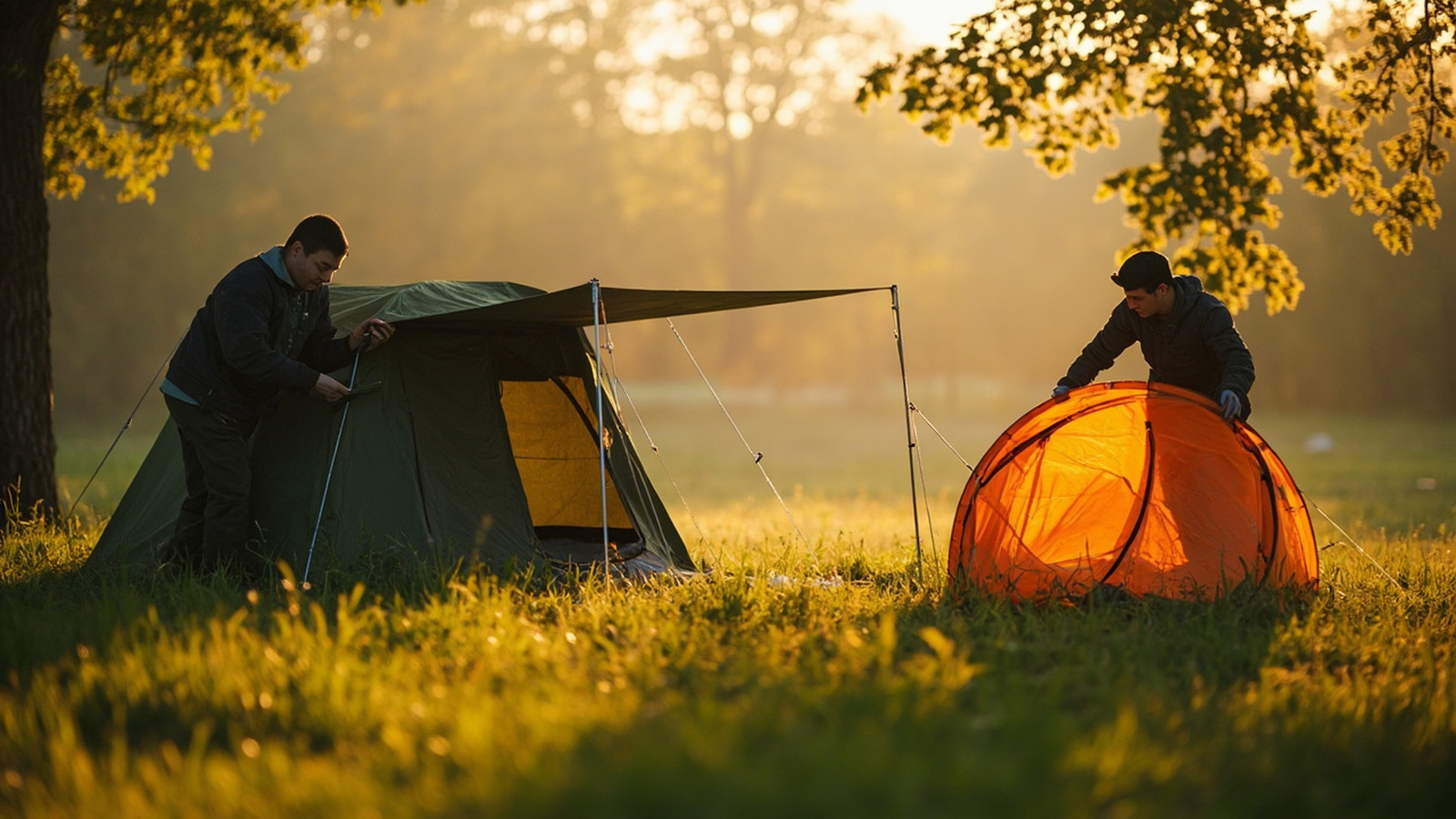 Rigid pre-attached-pole instant cabin tent and flexible pop-up dome tent being set up side by side at a forest campsite