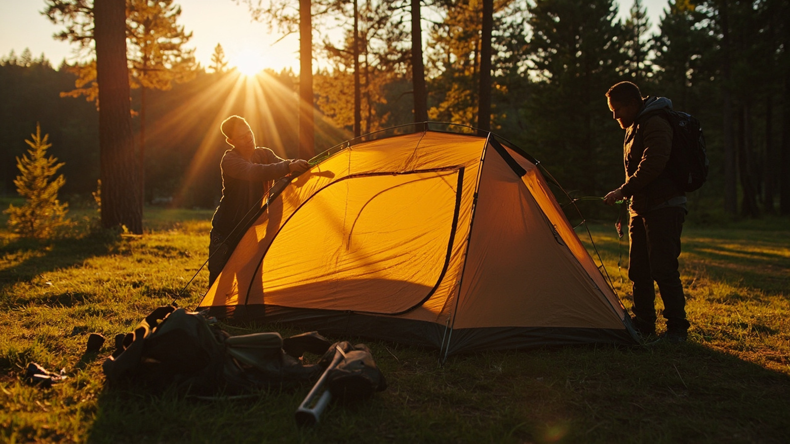 Two campers pitching an orange instant cabin tent in sixty seconds, one steadying the poles while the other pulls a guyline