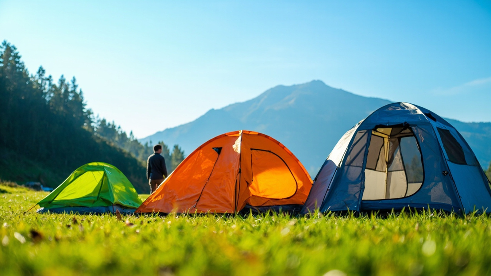 Small 2-person, medium 6-person and large 10-person instant tents pitched side by side with a camper standing for scale