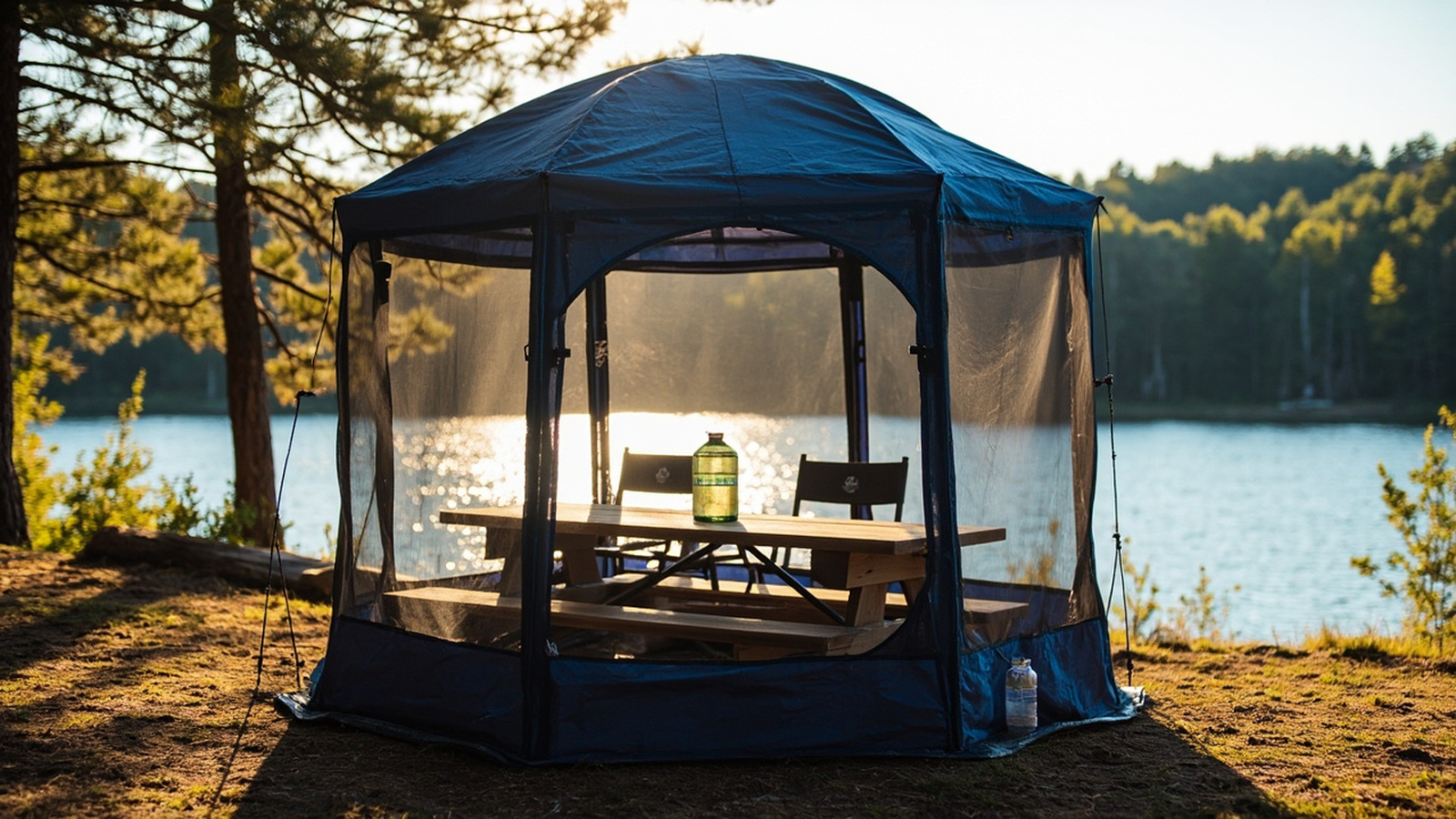 Hexagonal screen house with fine mesh walls and navy roof enclosing a picnic table at a lakeside forest campsite