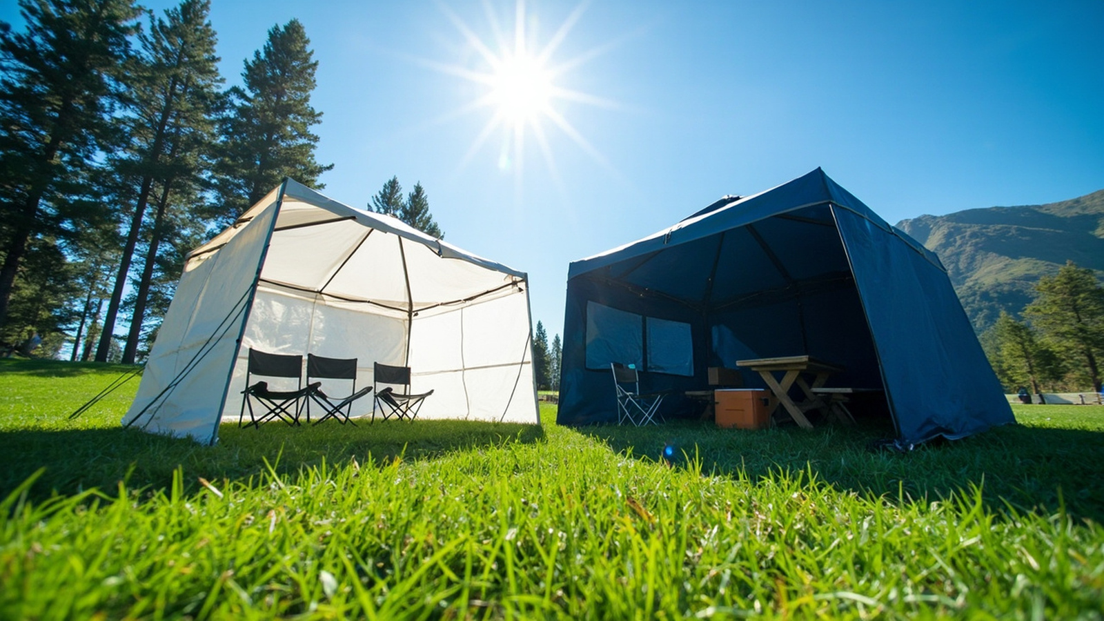 Larger navy 13x13 pop-up canopy shading a picnic table and chairs beside a smaller white 10x10 at a campsite