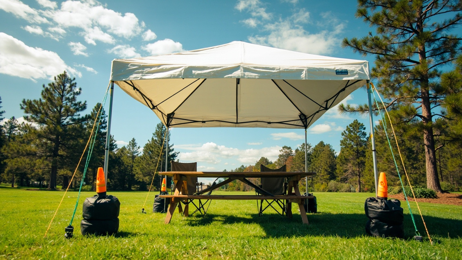 White pop-up canopy anchored with sandbag weights, angled stakes and taut guy lines sheltering a picnic table at a campsite